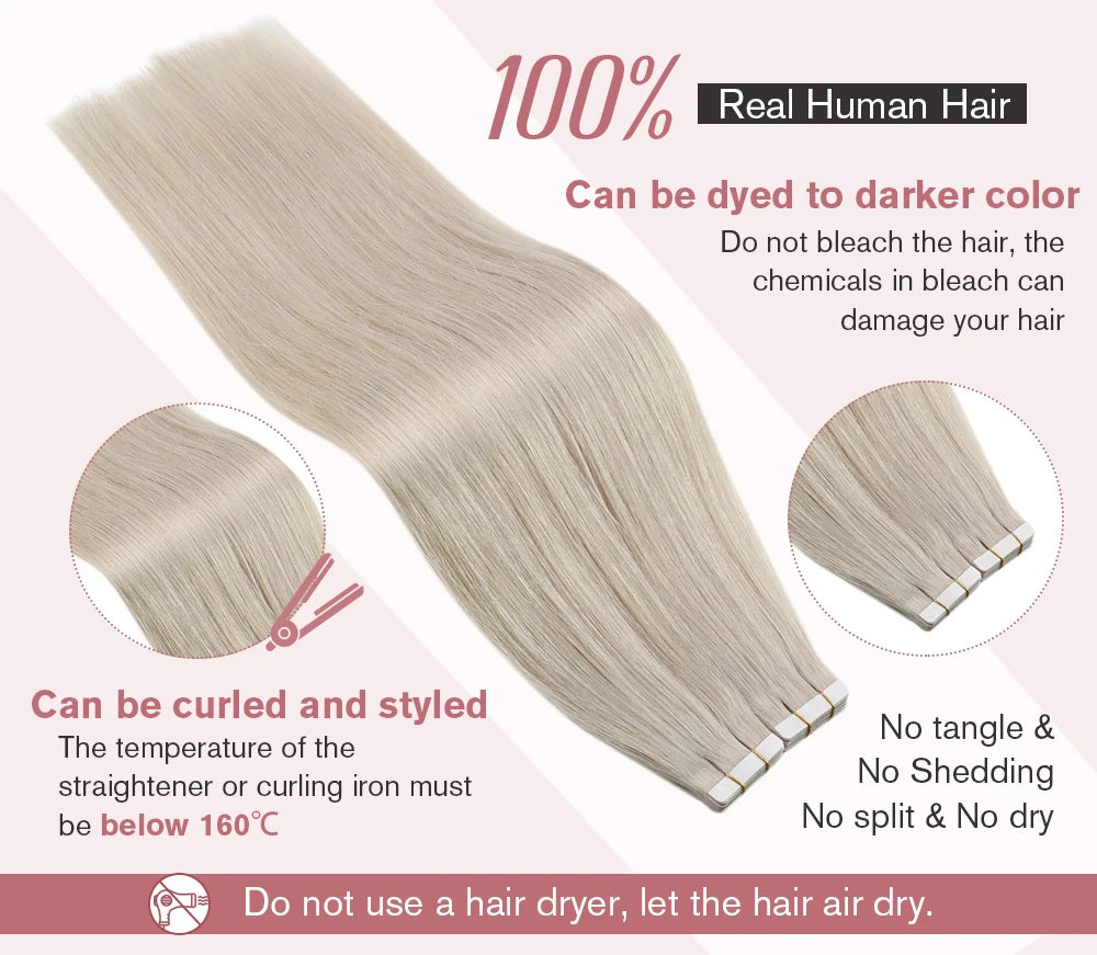 Ugeat Tape in Hair Extensions Human Hair Blonde Remy Tape in Extensions for Women Platinum Blonde Invisible Human Hair