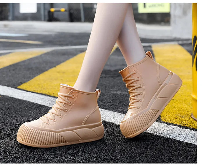 2025 New plush galoshes waterproof rain boots women's rubber platform shoes for lady ankle wide toe rainboots water shoes woman