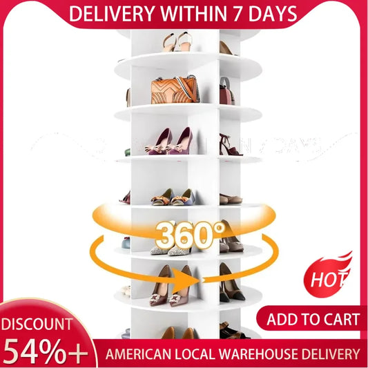 Shoe Rack 7-Tier Spinning, Free Standing Rotating Tower 360°, Easy To Assemble, Space-Saving,White Easy To Clean Shoe Cabinet