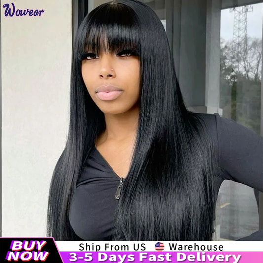 200 Density Bone Straight Human Hair Wig With Bangs 3X1 Middle Part Lace Human Hair Wigs With Bangs For Women on Sale 30 inch