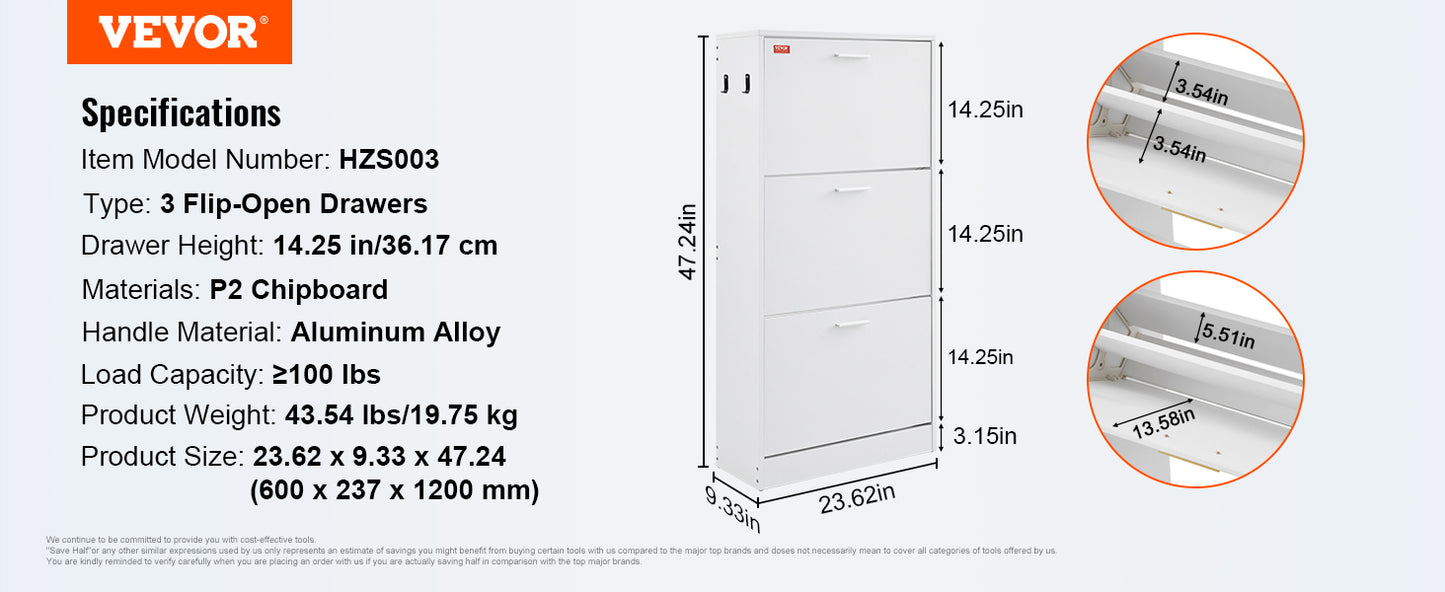 VEVOR Shoe Cabinet with 2/3 Flip Drawers Shoe Storage Cabinet for Entryway Free Standing Shoe Storage Organizer for Heels Boots